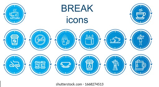 Editable 14 break icons for web and mobile. Set of break included icons line Tea, Coffee, Smoking, Cup, Coffee pot, Barista, No smoking, Coffee cup, maker