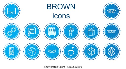 Bearbeitbar 14 braune Symbole für Web und Mobile. Satz brauner Inklusive Ikonen Linie Brillen, Spreading, Bibliothek, Bücherregal, gefülltes Tier, Cup, Bücherkoffer, Basketball, Kokosnuss, Zucker, Rohstofteig