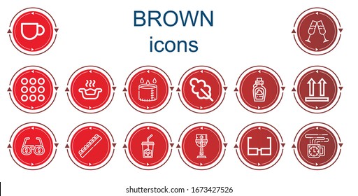 Editable 14 brown icons for web and mobile. Set of brown included icons line Coffee cup, Glasses, Caramel, Litter box, Cup, Oak leaf, Chocolate, Side up, Ice coffee