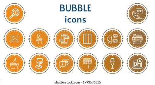 Editable 14 bubble icons for web and mobile. Set of bubble included icons line Information, Phone call, Editing, Speech, Chat, Chewing gum, Talk, Feedback, Champagne, Position