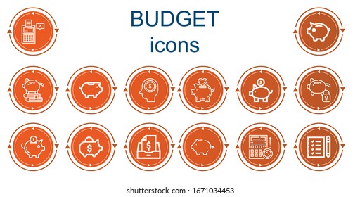 Editable 14 budget icons for web and mobile. Set of budget included icons line Tax, Piggy bank, Earnings, Taxes, Budget, Shopping list