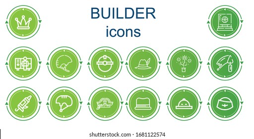 Editable 14 iconos de constructor para web y móvil. Conjunto de iconos incluidos línea Hat, Worker, Helmet, Trowel, Caulk cañón