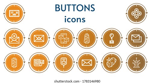 Editable 14 buttons icons for web and mobile. Set of buttons included icons line Mail, Buttons, Envelope, Mails, Thread, Saline, Knitting, Pincushion