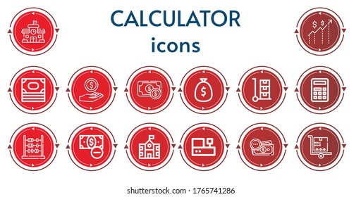 Editable 14 calculator icons for web and mobile. Set of calculator included icons line School, Money, Trolley, Calculator, Abacus, Cashbox