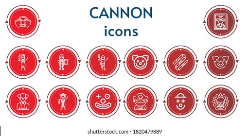 Editable 14 iconos de cañones para web y móvil. Juego de cannon incluidos íconos línea Pirates, Pirate, Clown, Nunchaku