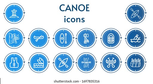 Editable 14 canoe icons for web and mobile. Set of canoe included icons line Inukshuk, Kayak, Canoe, Tomahawk, Inflatable boat, Rowing, Lifejacket, Headdress, Rafting