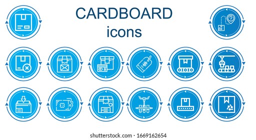 Editable 14 cardboard icons for web and mobile. Set of cardboard included icons line Cardboard, Package, Price tag, Conveyor, Tag, Box