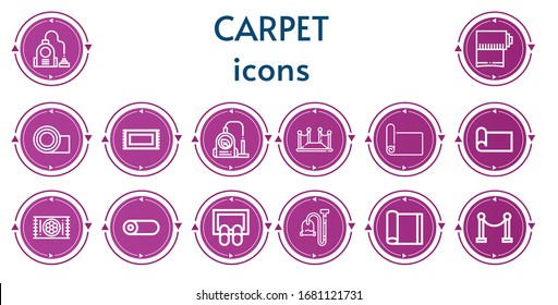 Editable 14 carpet icons for web and mobile. Set of carpet included icons line Vacuum, Yoga mat, Rug, Red carpet, Mat, Roll, Doormat