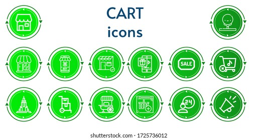 Editable 14 cart icons for web and mobile. Set of cart included icons line Shop, Golf, Shopping online, Store, Online shop, Sale, Empire state, Delivery cart, Food stall, Room service