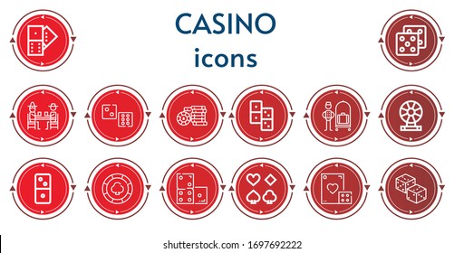 Editable 14 casino icons for web and mobile. Set of casino included icons line Domino, Dice, Gamblers, Casino chip, Bellhop, Roulette, Dominoes, Poker, Dices