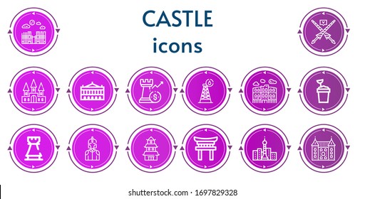 Editable 14 castle icons for web and mobile. Set of castle included icons line Merida, Lance, Castle, Palais garnier, Rook, Tower, Pula arena, Sand bucket, Knight, Japanese