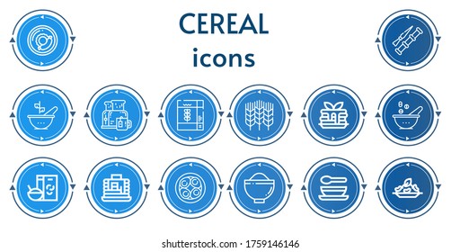 Editable 14 cereal icons for web and mobile. Set of cereal included icons line Breakfast, Spike, Bowl, Cereal, Wheat, Pancake, Pancakes, Soy eggs, Soup, Rice