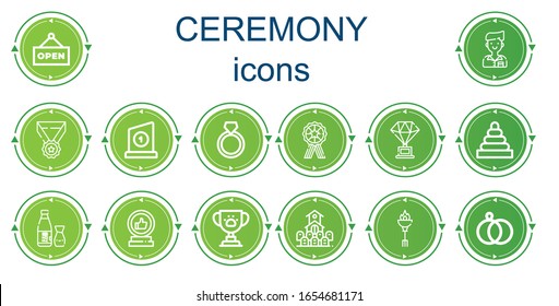 Editable 14 iconos de la ceremonia para la web y el móvil. Conjunto de ceremonias incluía iconos línea Abierta, Estudiante, Medalla, Trofeo, Anillo, Anillos, Pastel, Cementerio, Antorcha, Anillos de Boda