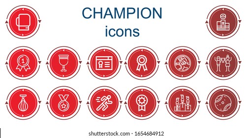 Editable 14 champion icons for web and mobile. Set of champion included icons line Boxing gloves, Podium, Medal, Goblet, Certificate, Holden, Triumph, Boxing bag, Running, Prize