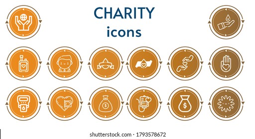 Editable 14 íconos de caridad para web y móvil. El conjunto de organizaciones de beneficencia incluía íconos como donación, donación de sangre, donante, caridad, hemoglobina, bolsa de dinero, transfusión de sangre, plaqueta