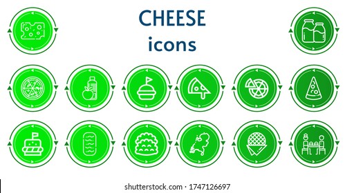 Editable 14 cheese icons for web and mobile. Set of cheese included icons line Cheese, Milk, Pizza, Food, Hamburguer, Burger, Baguettes, Tacos, Holland, Stroopwafel, Fast food