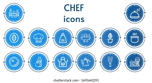 Editable 14 chef icons for web and mobile. Set of chef included icons line Dinner, Salver, Sourdough, Chef, Apron, Hot pot, Pot, Dish, Food, Kettle, Spatula, Cooking