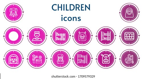Editable 14 children icons for web and mobile. Set of children included icons line Girl, Sloth, Kite, Monster, Bunk bed, Denture, Water gun, Yoyo