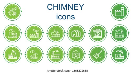 Editable 14 chimney icons for web and mobile. Set of chimney included icons line House, Factory, Nuclear plant, Houses, Fireplace, Sweep