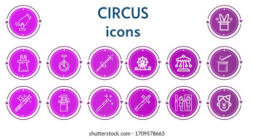 Editable 14 circus icons for web and mobile. Set of circus included icons line Cannon, Magic hat, Magic, Monocycle, Magic wand, Amusement park, Ride, Wand, Clown