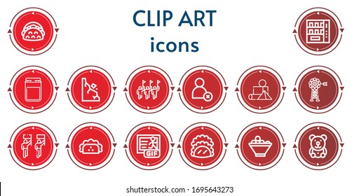 Editable 14 iconos de imágenes prediseñadas para web y móvil. Conjunto de imágenes prediseñadas que incluyen iconos línea Taco, máquina expendedora, mermelada, rocas, desfile, Cancel, bloques, vane, gif, bol de frutas, oso de peluche