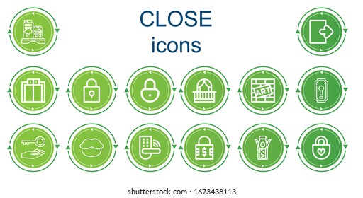 Editable 14 close icons for web and mobile. Set of close included icons line Graffiti, Logout, Elevator, Padlock, Balcony, Keyhole, Key, Lips, Zipper