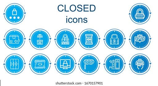 Editable 14 closed icons for web and mobile. Set of closed included icons line Password, Lock, Cardboard, Box, Canned food, Eye mask, Lockers, Padlock, Handle