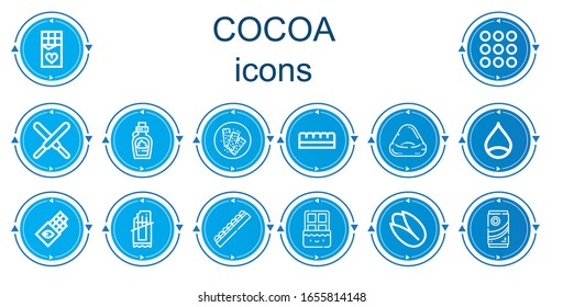 Bearbeitbar 14 Kakaosymbole für Web und Mobile. KakaoSet mit den Icons Linie Schokolade, Karamel, Schokoladenstangen, Bean-Tasche, Kastmutter, Pistachio