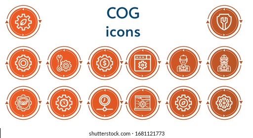 Editable 14 cog icons for web and mobile. Set of cog included icons line Cogwheel, Settings, Gear, Setting, Engineer, Processing, System