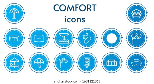 Editable 14 comfort icons for web and mobile. Set of comfort included icons line Umbrella, Sofa, Pillow, Geyser, Sleeping, Eye mask, Sunbed, Water heater, Sleeping mask