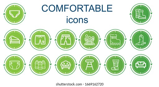 Editable 14 comfortable icons for web and mobile. Set of comfortable included icons line Diaper, Boots, Divan, Shorts, Bench, Boot, Acrylic, Sofa, Stool