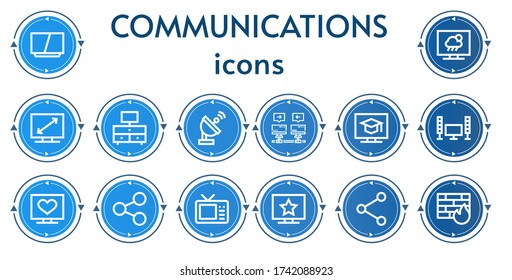 Editable 14 iconos de comunicaciones para web y móvil. Conjunto de comunicaciones incluye iconos línea Televisión, antena parabólica, Comunicaciones, compartir, cortafuegos