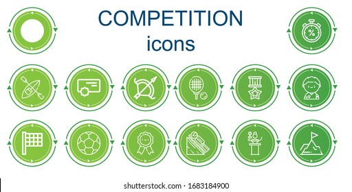 Editable 14 iconos de competición para web y móvil. Juego de competiciones incluye íconos línea Golf, Stopwatch, Kayak, Rewards, Archery, Tennis, Medalla, Soccer player, Finish flag, Ball
