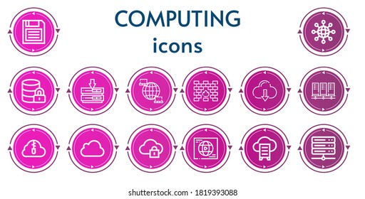 Editable 14 computing icons for web and mobile. Set of computing included icons line Diskette, Networking, Hosting, Server, Network, Firewall, Cloud computing, Servers, Zip cloud