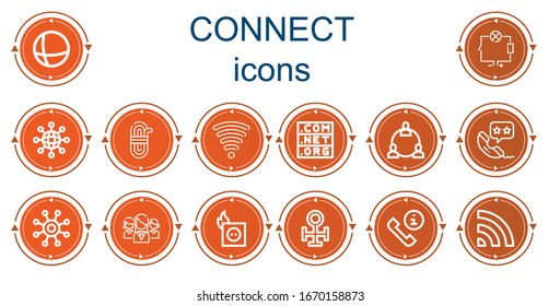 Editable 14 connect icons for web and mobile. Set of connect included icons line Earth grid, Wiring, Networking, Rope, Wifi signal, Domain, Network, Phone call, Plug, Copper