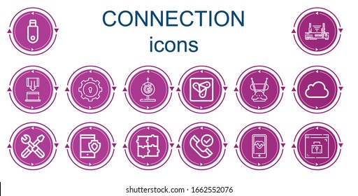 Editable 14 iconos de conexión para web y móvil. El conjunto de conexiones incluye iconos línea Pendrive, Router, Tablet, Gear, Webcam, Anywhere, Antenna, Icloud, Settings, Smartphone