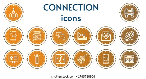 Editable 14 connection icons for web and mobile. Set of connection included icons line Cable, Bridge, Smartphone, Server, Devices, Electric telegraph, Communication, Link, Settings