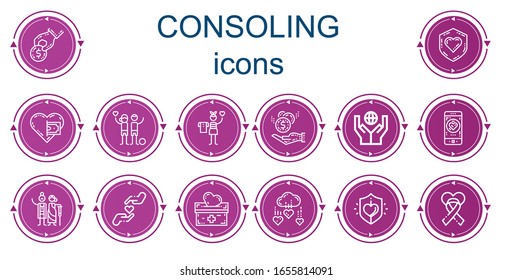 Editable 14 iconos consoladores para web y móvil. Conjunto de consoladores incluidos íconos línea Donar, Caridad, Donación