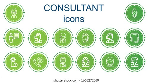 Editable 14 consultant icons for web and mobile. Set of consultant included icons line Call center, User, Headset, Operator, Receptionist