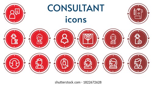 Editable 14 consultant icons for web and mobile. Set of consultant included icons line User, Review, Operator, Call center, Suit