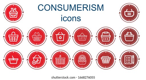 Editable 14 consumerism icons for web and mobile. Set of consumerism included icons line Shopping basket, Basket, Shopping list