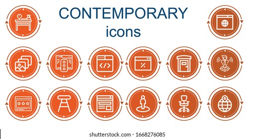 Editable 14 iconos contemporáneos para web y móvil. Conjunto de iconos contemporáneos incluidos línea de vestir mesa, navegador, baños portátiles, Localización, herramienta, Ubicación, silla de oficina