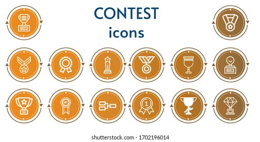 Editable 14 iconos del concurso para web y móvil. Juego de concursos que incluye íconos de línea Trofeo, Medalla, Premio, Goblet, Competencia
