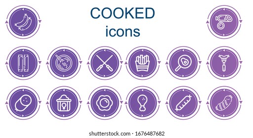 Editable 14 cooked icons for web and mobile. Set of cooked included icons line Sausages, Sausage, Sour soup, Skewers, French fries, Fried egg, Fried chicken
