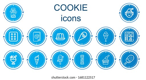 Editable 14 cookie icons for web and mobile. Set of cookie included icons line Cookies, Elf, Cracker, Cookie, Jelly, Ice cream, Snack