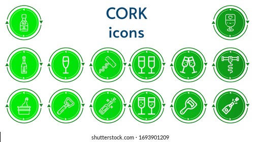 Editable 14 cork icons for web and mobile. Set of cork included icons line Champagne, Corkscrew, Bottle opener
