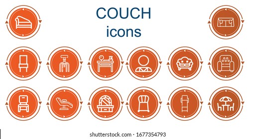 Editable 14 iconos de sofá para web y móvil. Conjunto de sofás con iconos línea Divan, Sofa, Silla, Mesa de vestir, Psicólogo, Sillón, Sillón, Sillón, Sillas