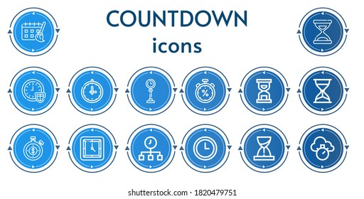 Editable 14 countdown icons for web and mobile. Set of countdown included icons line Schedule, Time, Clock, Stopwatch, Hourglass, Wall clock, Chronometer