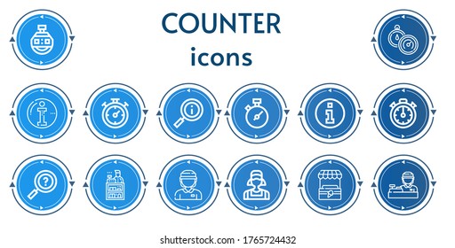Editable 14 counter icons for web and mobile. Set of counter included icons line Stopclock, Stopwatch, Info, Chronometer, Information, Clerk, Cashier, Stand