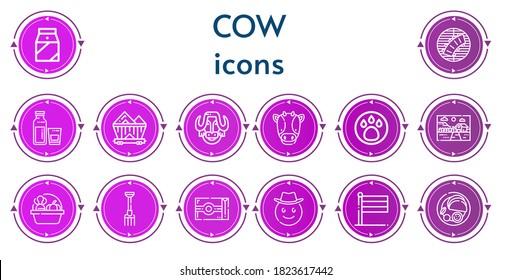 Editable 14 cow icons for web and mobile. Set of cow included icons line Milk, Ribs, Wagon, Bison, Cow, Animal, Farm, Harvest, Pitchfork, Butter, Cowboy, Holland, Indian